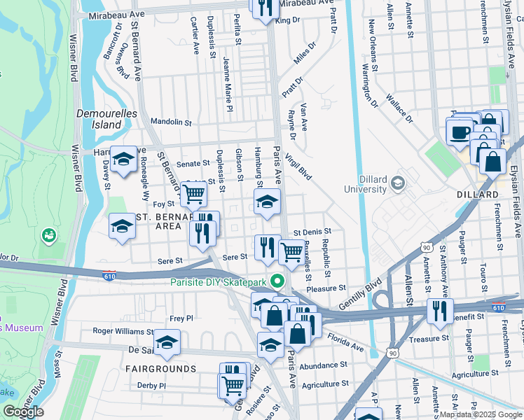 map of restaurants, bars, coffee shops, grocery stores, and more near 3832 Hamburg Street in New Orleans