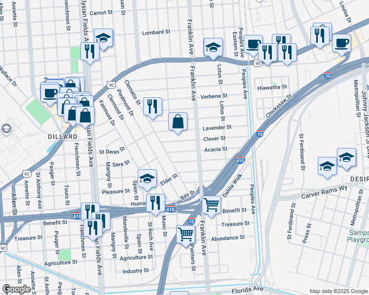 map of restaurants, bars, coffee shops, grocery stores, and more near 2545 Clover Street in New Orleans