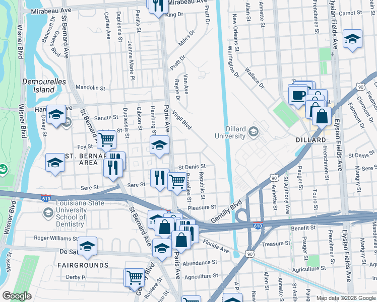 map of restaurants, bars, coffee shops, grocery stores, and more near 3831 Bruxelles Street in New Orleans