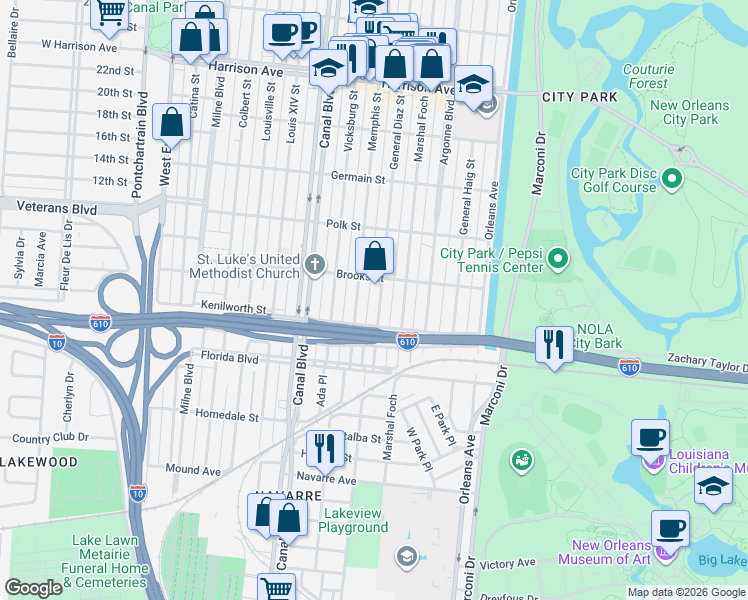 map of restaurants, bars, coffee shops, grocery stores, and more near 5875 Memphis Street in New Orleans