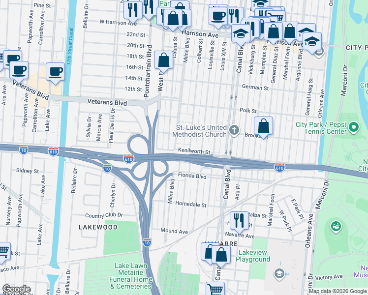 map of restaurants, bars, coffee shops, grocery stores, and more near 5852 Colbert Street in New Orleans