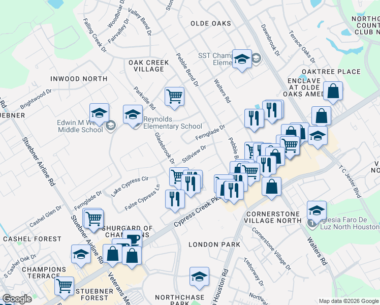 map of restaurants, bars, coffee shops, grocery stores, and more near 3830 Fernglade Drive in Houston