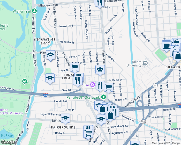 map of restaurants, bars, coffee shops, grocery stores, and more near 3830 Gibson Street in New Orleans