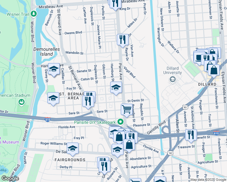 map of restaurants, bars, coffee shops, grocery stores, and more near 3834 Hamburg Street in New Orleans