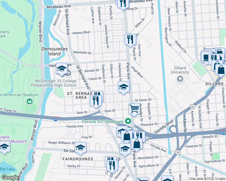 map of restaurants, bars, coffee shops, grocery stores, and more near 3834 Gibson Street in New Orleans