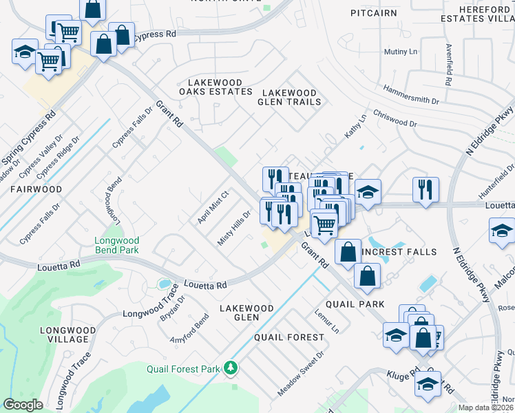 map of restaurants, bars, coffee shops, grocery stores, and more near 13322 Autumn Valley Drive in Cypress