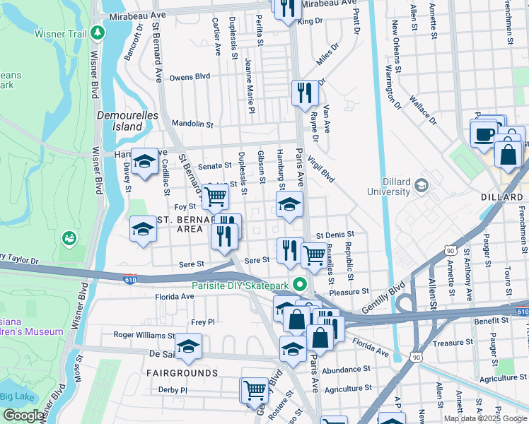 map of restaurants, bars, coffee shops, grocery stores, and more near 3836 Gibson Street in New Orleans