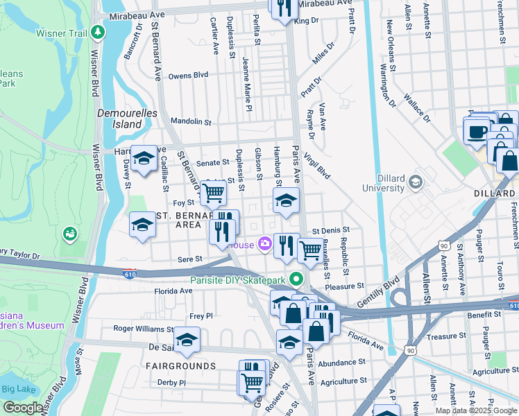 map of restaurants, bars, coffee shops, grocery stores, and more near 3832 Gibson Street in New Orleans