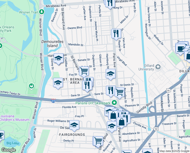 map of restaurants, bars, coffee shops, grocery stores, and more near 3857 Duplessis Street in New Orleans