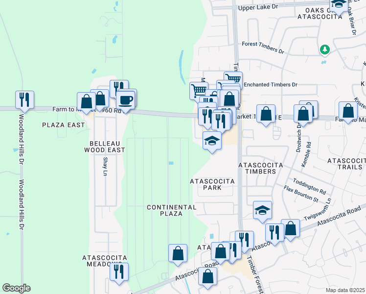 map of restaurants, bars, coffee shops, grocery stores, and more near 19103 Continental Parkway in Humble