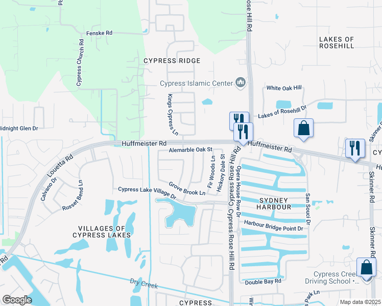 map of restaurants, bars, coffee shops, grocery stores, and more near 18414 Alemarble Oak Street in Cypress