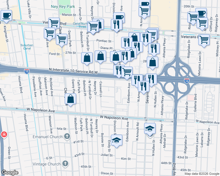 map of restaurants, bars, coffee shops, grocery stores, and more near 3704 South I-10 Service Road West in Metairie