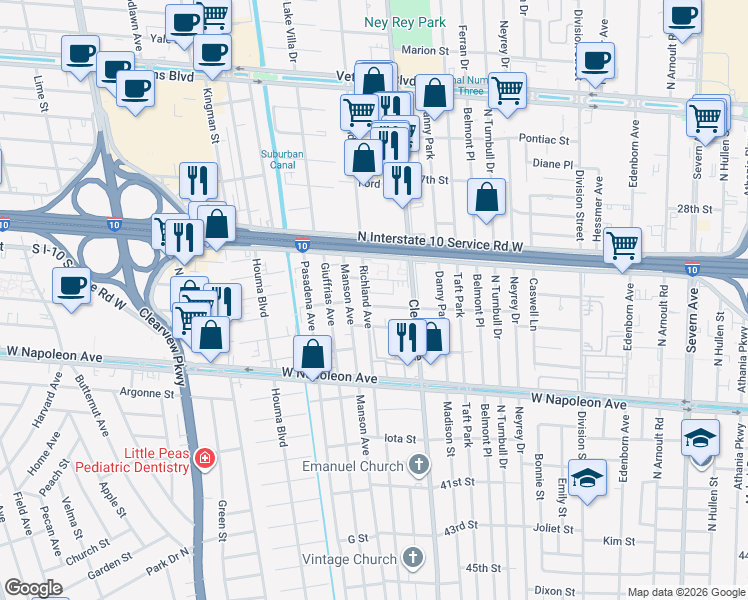 map of restaurants, bars, coffee shops, grocery stores, and more near 4048 Durand Street in Metairie