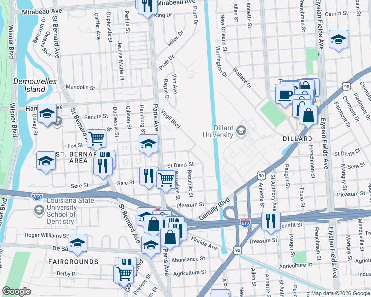map of restaurants, bars, coffee shops, grocery stores, and more near 3831 Bruxelles Street in New Orleans