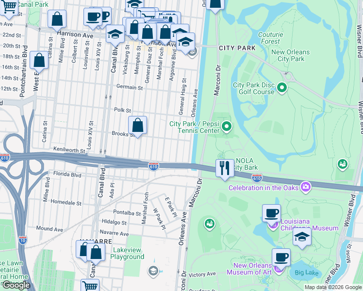 map of restaurants, bars, coffee shops, grocery stores, and more near 5905 General Haig Street in New Orleans