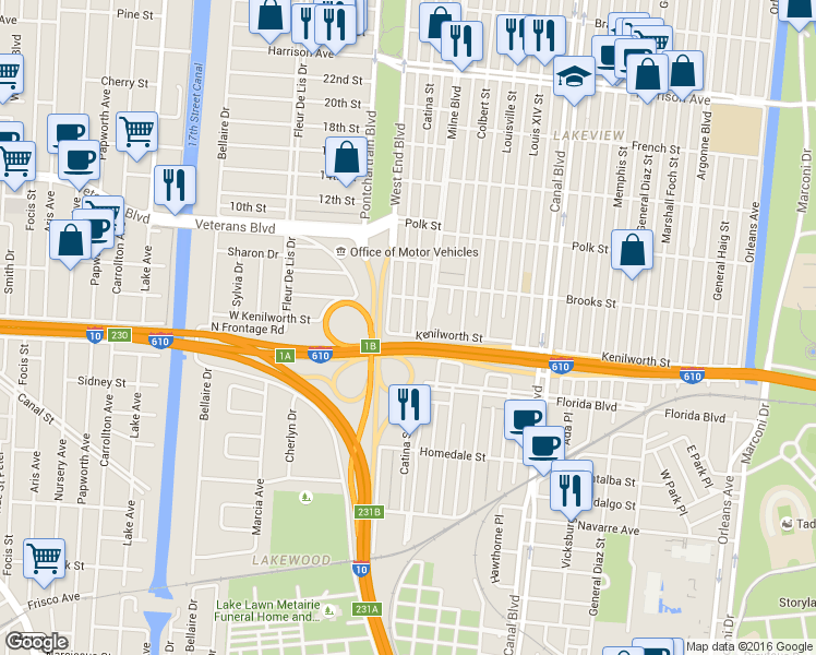 map of restaurants, bars, coffee shops, grocery stores, and more near 5825 Catina Street in New Orleans