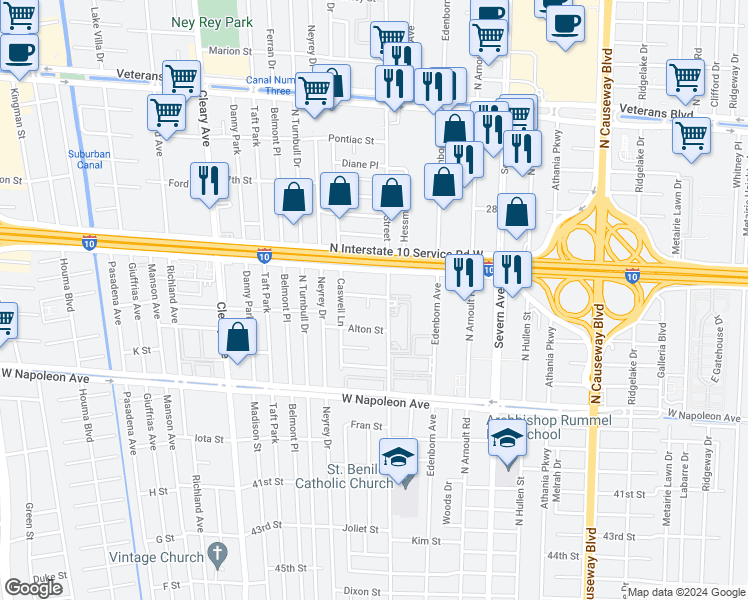 map of restaurants, bars, coffee shops, grocery stores, and more near 3704 South I-10 Service Road West in Metairie