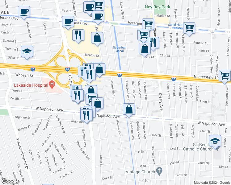 map of restaurants, bars, coffee shops, grocery stores, and more near 4312 Belvedere Street in Metairie