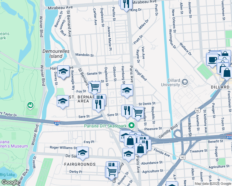 map of restaurants, bars, coffee shops, grocery stores, and more near 3834 Gibson Street in New Orleans