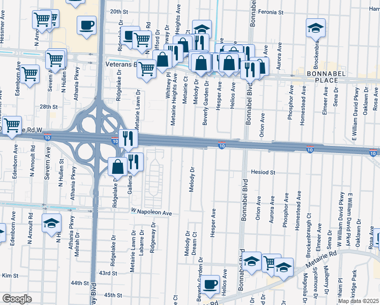 map of restaurants, bars, coffee shops, grocery stores, and more near 545 Melody Drive in Metairie