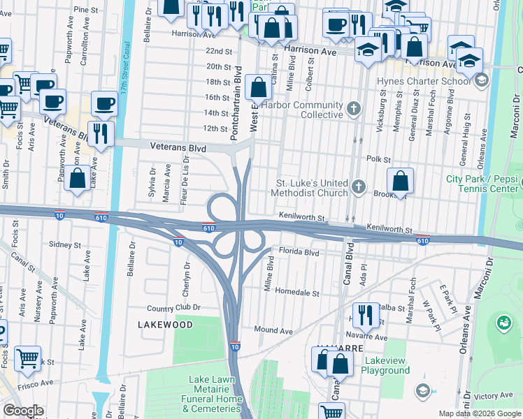 map of restaurants, bars, coffee shops, grocery stores, and more near 5825 Catina Street in New Orleans