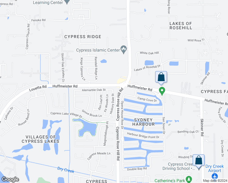 map of restaurants, bars, coffee shops, grocery stores, and more near 15526 Hickory Dale Street in Cypress