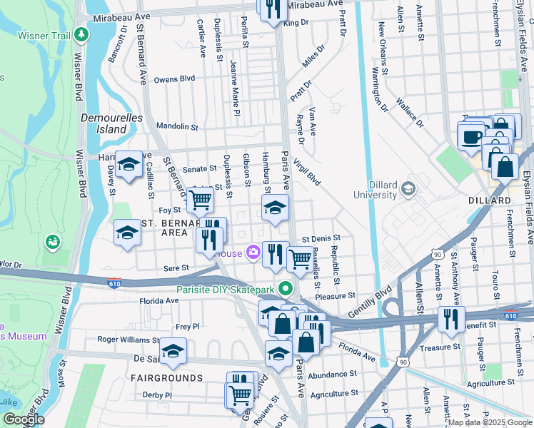 map of restaurants, bars, coffee shops, grocery stores, and more near 3832 Hamburg Street in New Orleans