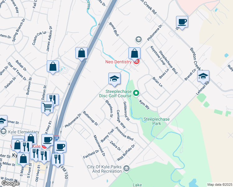map of restaurants, bars, coffee shops, grocery stores, and more near 501 Goldenrod Street in Kyle