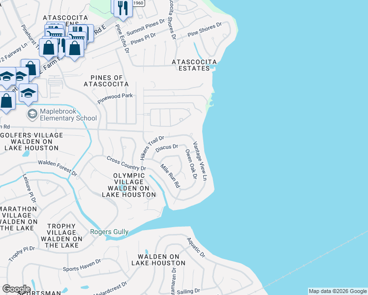 map of restaurants, bars, coffee shops, grocery stores, and more near 19334 Hikers Trail Drive in Humble