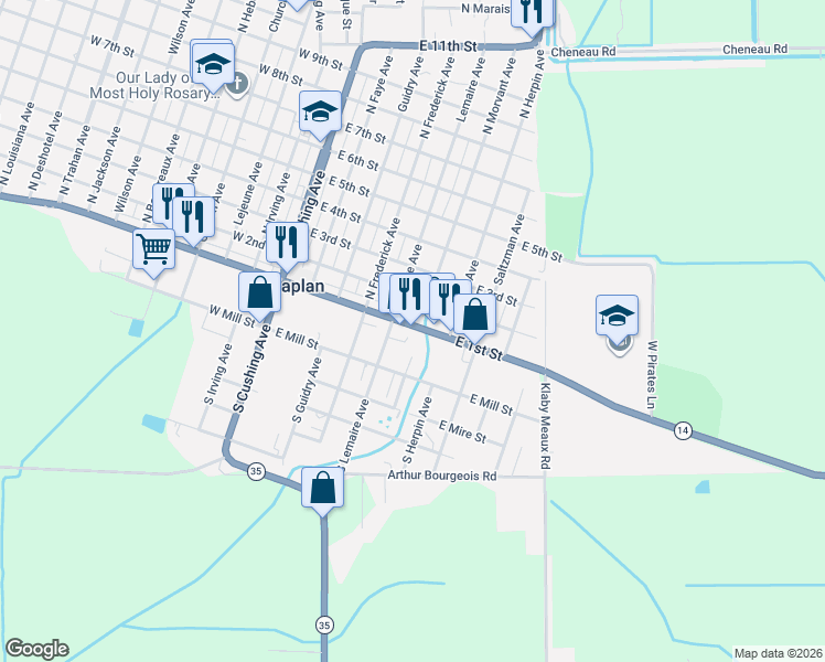 map of restaurants, bars, coffee shops, grocery stores, and more near 114 North Morvant Avenue in Kaplan