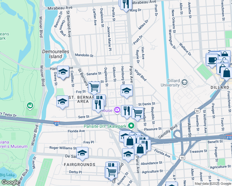 map of restaurants, bars, coffee shops, grocery stores, and more near Gibson Street in New Orleans