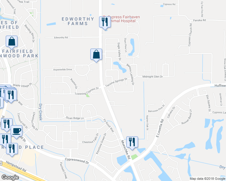 map of restaurants, bars, coffee shops, grocery stores, and more near 15207 Bartlett Landing Drive in Cypress