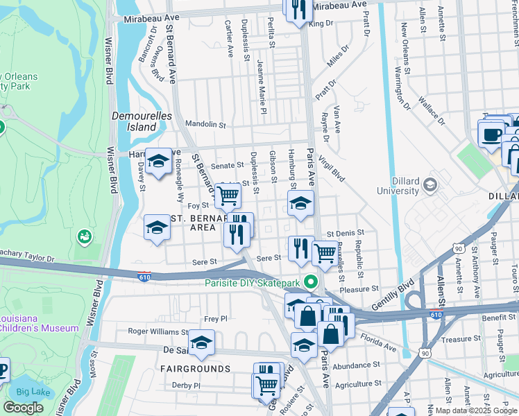 map of restaurants, bars, coffee shops, grocery stores, and more near 3841 Duplessis Street in New Orleans