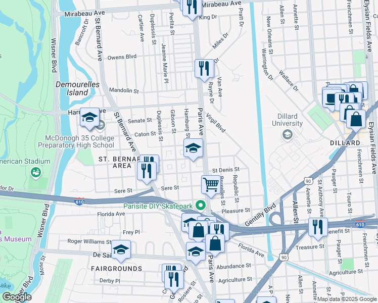 map of restaurants, bars, coffee shops, grocery stores, and more near 3852 Hamburg Street in New Orleans