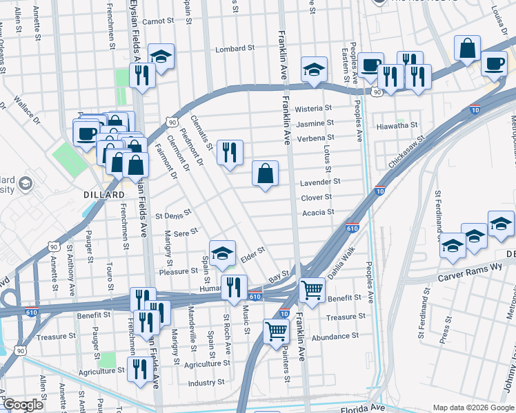 map of restaurants, bars, coffee shops, grocery stores, and more near 2423 Clover Street in New Orleans