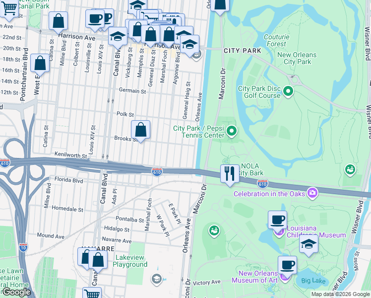 map of restaurants, bars, coffee shops, grocery stores, and more near 5905 General Haig Street in New Orleans