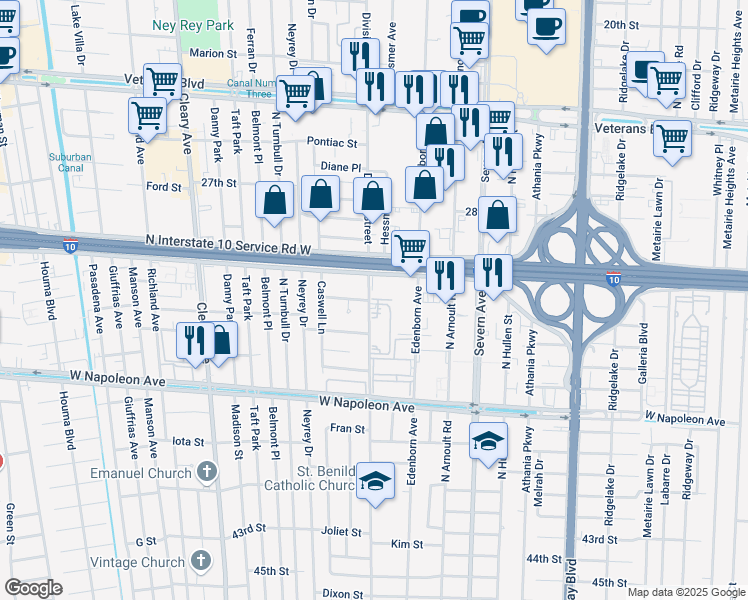 map of restaurants, bars, coffee shops, grocery stores, and more near 3704 South I-10 Service Road West in Metairie