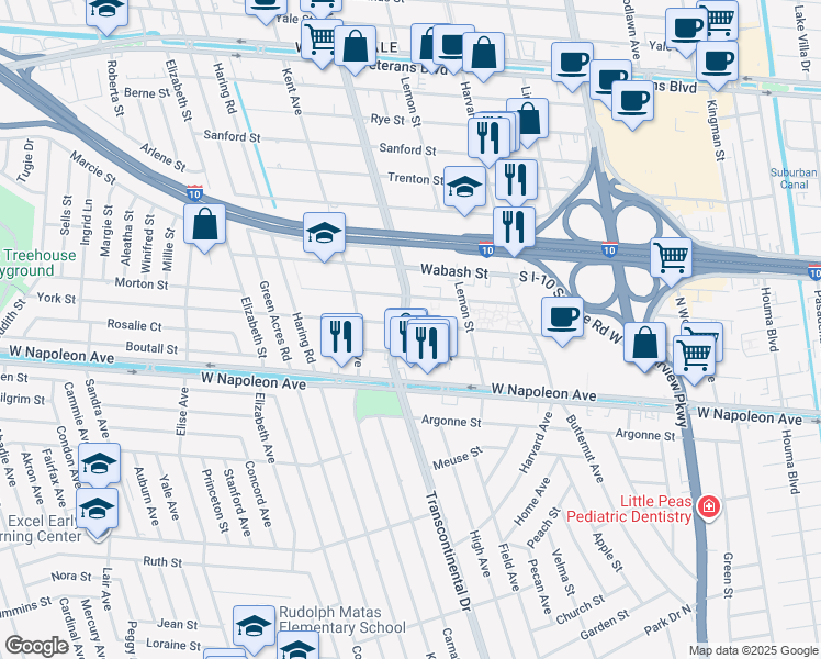 map of restaurants, bars, coffee shops, grocery stores, and more near 4937 York Street in Metairie