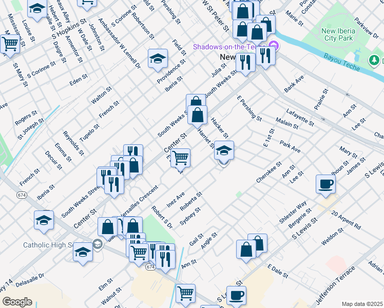 map of restaurants, bars, coffee shops, grocery stores, and more near 703-705 Henshaw Alley in New Iberia