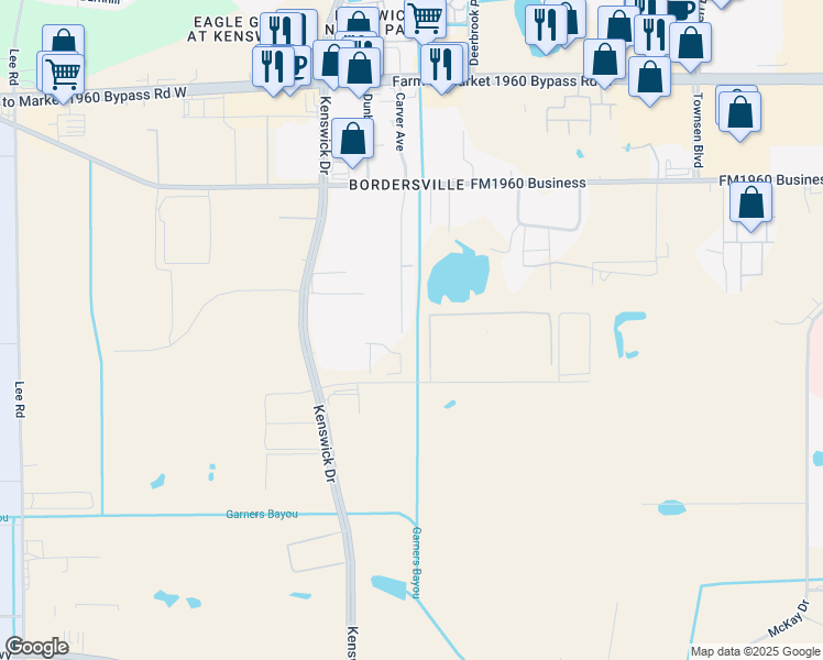 map of restaurants, bars, coffee shops, grocery stores, and more near 19122 Sears Drive in Humble