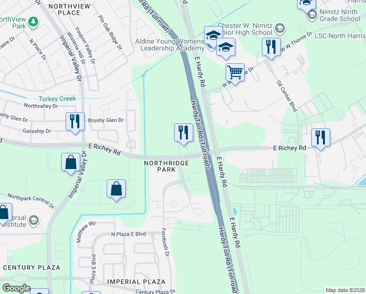 map of restaurants, bars, coffee shops, grocery stores, and more near 19463 Estrella in Houston