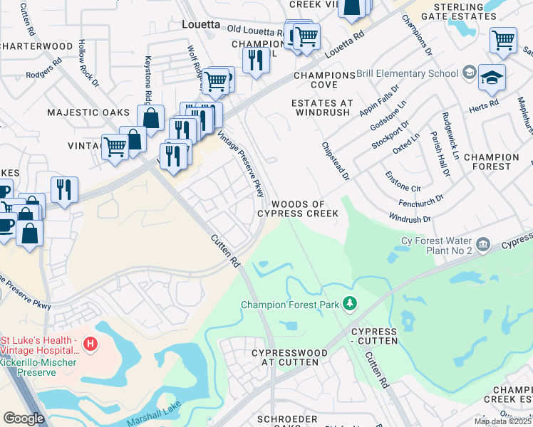 map of restaurants, bars, coffee shops, grocery stores, and more near 15255 Vintage Preserve Parkway in Houston