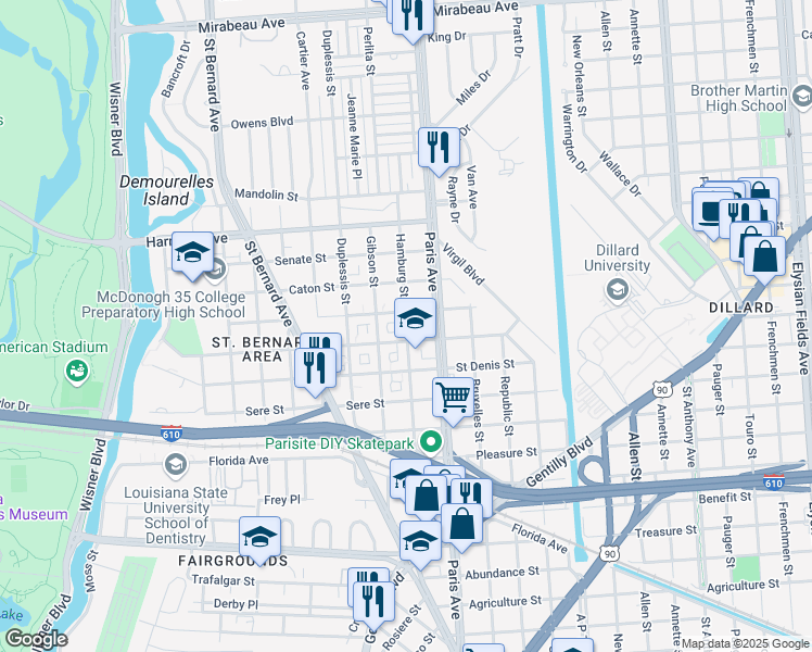 map of restaurants, bars, coffee shops, grocery stores, and more near 3834 Hamburg Street in New Orleans