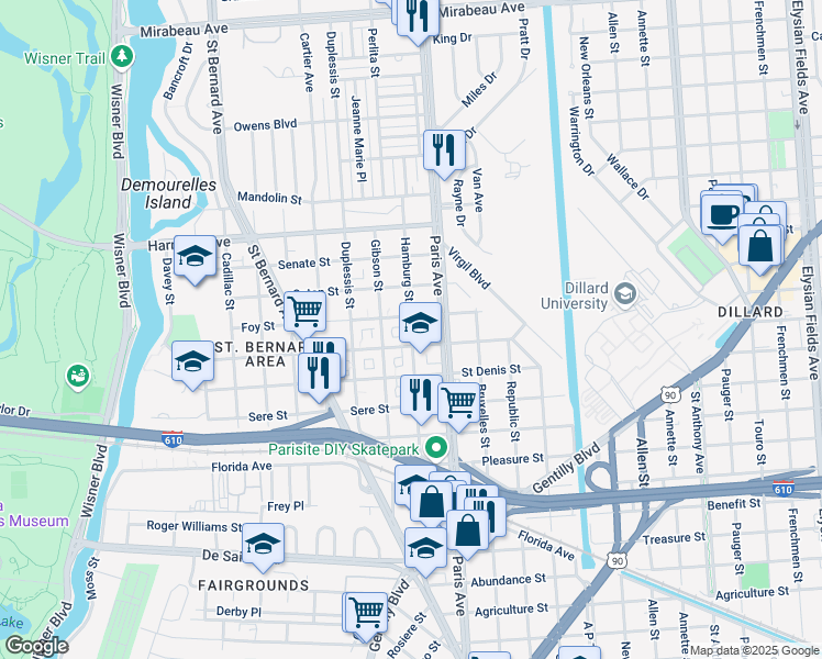 map of restaurants, bars, coffee shops, grocery stores, and more near 3854 Hamburg Street in New Orleans