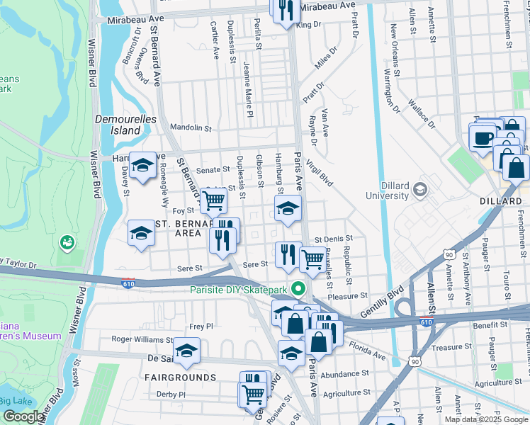 map of restaurants, bars, coffee shops, grocery stores, and more near 3837 Gibson Street in New Orleans
