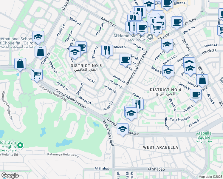 map of restaurants, bars, coffee shops, grocery stores, and more near in New Cairo 1