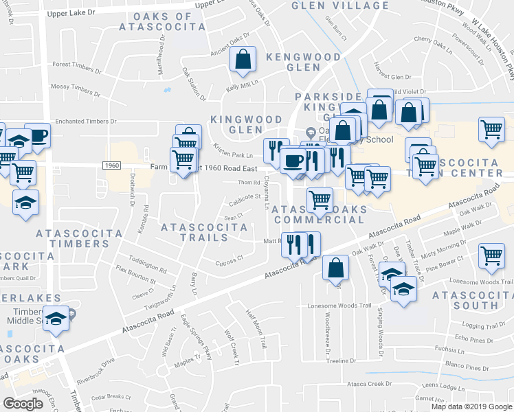 map of restaurants, bars, coffee shops, grocery stores, and more near 6023 Sean Court in Humble