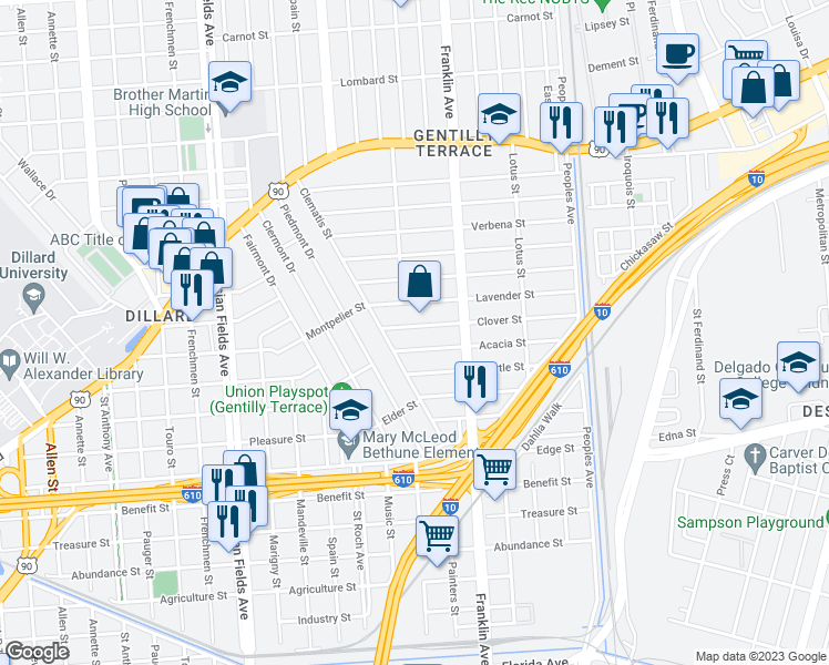 map of restaurants, bars, coffee shops, grocery stores, and more near 2510 Clover Street in New Orleans