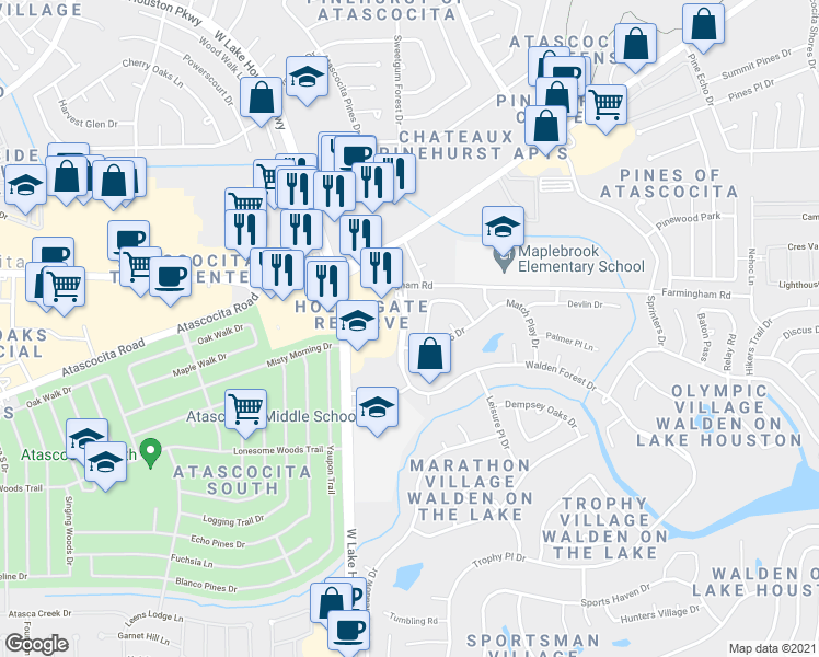 map of restaurants, bars, coffee shops, grocery stores, and more near 19018 Walden Forest Drive in Humble
