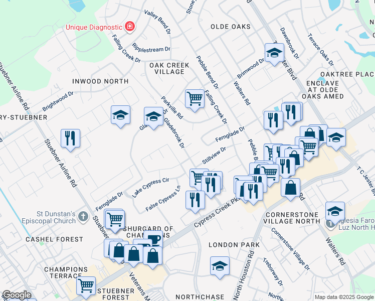 map of restaurants, bars, coffee shops, grocery stores, and more near 3903 Glenheather Drive in Houston